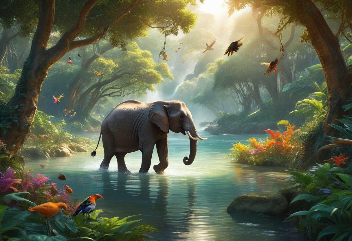 A vibrant, lush jungle scene showcasing a diverse array of wild animals in their natural habitats, such as a playful elephant splashing in a river, colorful birds perched on trees, and a curious monkey swinging from the branches. The atmosphere is filled with warm sunlight filtering through the foliage, enhancing the idyllic setting. Overlay these elements with subtle hints of joy and harmony among the creatures. bright colors. super-realistic.