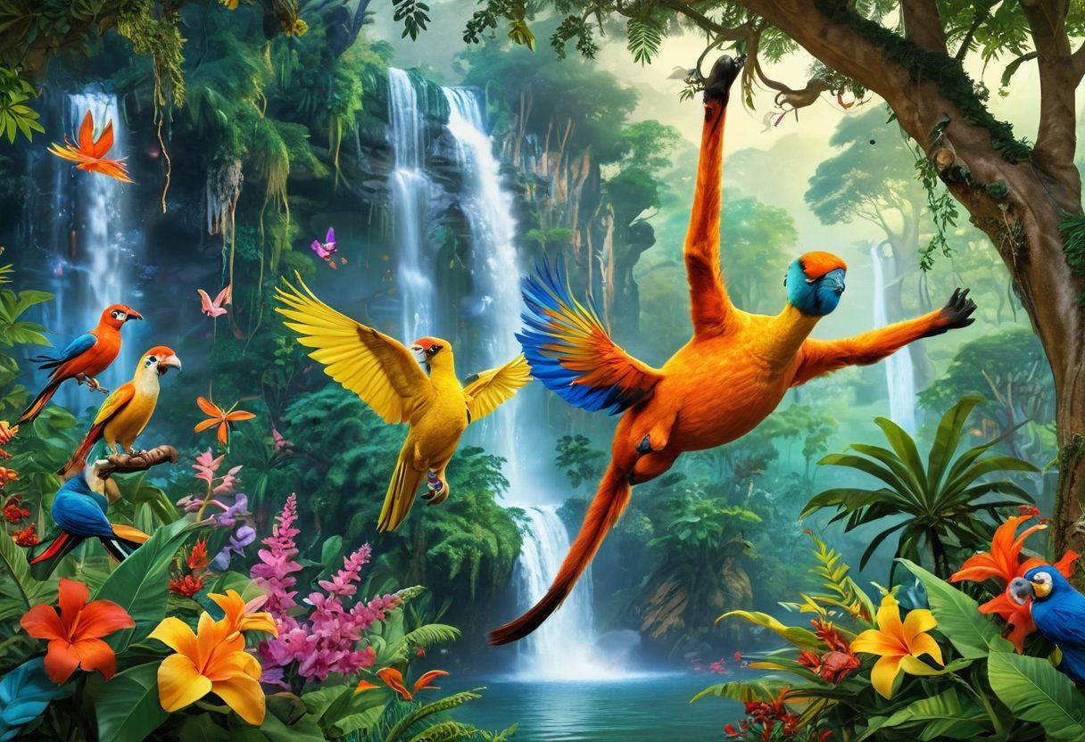 A vibrant scene of exotic animals in their natural habitats showcasing joyful behavior, such as a playful monkey swinging from tree branches, a colorful parrot in mid-flight, and a serene giraffe munching on leaves. The background is a lush rainforest filled with vibrant flowers and a sparkling waterfall. Include bright, engaging colors that emphasize the blissful nature of these creatures. super-realistic. vibrant colors. 3D.