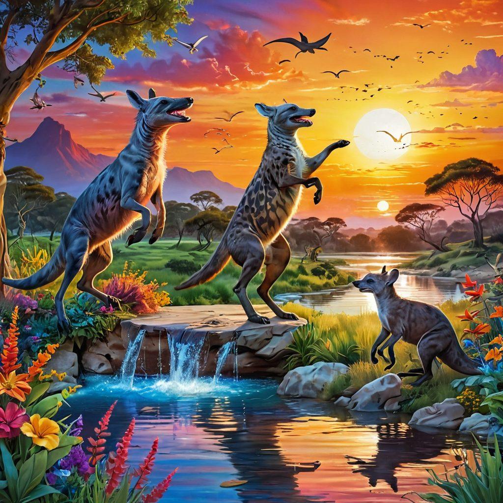 A whimsical scene showcasing various unique animals displaying ecstatic behaviors in a vibrant natural setting, with a jumping kangaroo, a dancing dolphin, and a laughing hyena under a colorful sunset. The background should feature lush greenery and a sparkling river, highlighting the joy and happiness of nature. The colors should be vivid and inviting, capturing a sense of wonder and delight. super-realistic. vibrant colors. dreamy landscape.